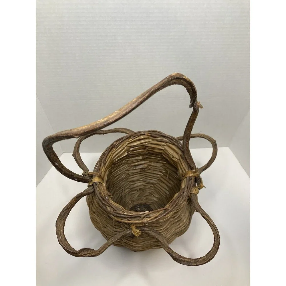 VTG Handmade Rustic Woven Twig Vine Wood Basket Tall Round Primitive Kitsch
